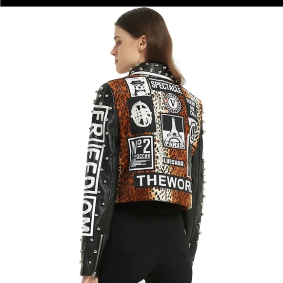 LORDLDS Women Black Leopard Leather Jacket Zip Up Moto Biker Fashion Streetwear - Picture 8 of 11